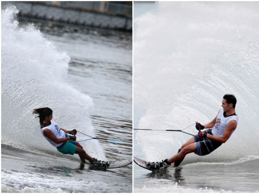 Sasha Christian (left) and Mark Leong competing in their respective water skiing events. Photos: Jason Quah/TODAY