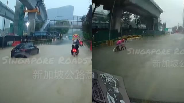 裕廊镇大会堂路发生突发性淹水 轿车路中抛锚
