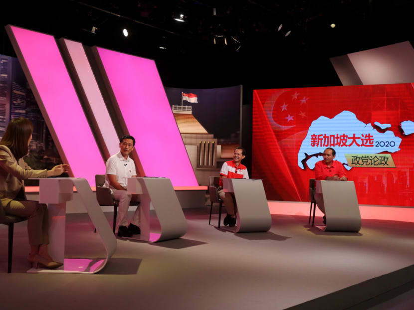 Taking part in a live televised Mandarin debate on July 1, 2020 during the General Election campaign were (from right to left) Mr Bryan Lim, Mr Leong Mun Wai and Mr Ong Ye Kung.