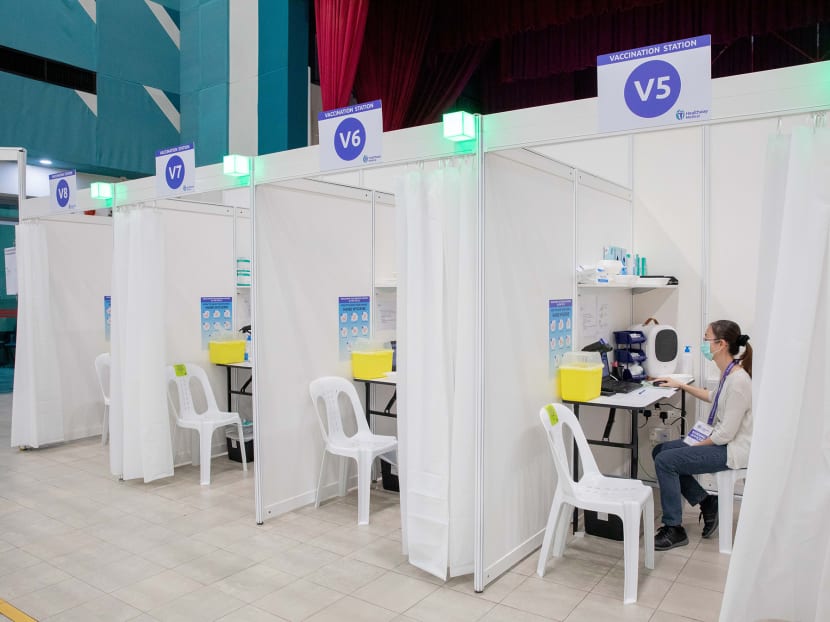 A Covid-19 vaccination station at Yew Tee Community Centre.