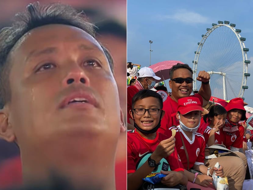 Mr Azuan Tan (left) was caught on camera crying at the National Day Parade. He attended the parade with his wife and children (right). Mr Azuan Tan (left) was caught on camera crying at the National Day Parade. He attended the parade with his wife and children (right).