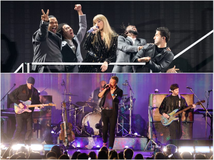 American singer-songwriter Taylor Swift (top, with dancers) and British band Coldplay (bottom) are scheduled to perform at the Singapore Sports Hub. American singer-songwriter Taylor Swift (top, with dancers) and British band Coldplay (bottom) are scheduled to perform at the Singapore Sports Hub.