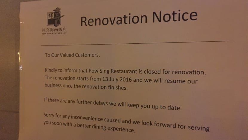 Pow Sing Restaurant posts notice saying it is undergoing 'renovation'