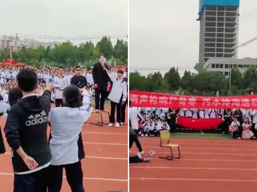 A re-enactment of former Japanese prime minister Shinzo Abe's assassination by a group of middle school students in China has stirred a debate online. A re-enactment of former Japanese prime minister Shinzo Abe's assassination by a group of middle school students in China has stirred a debate online.