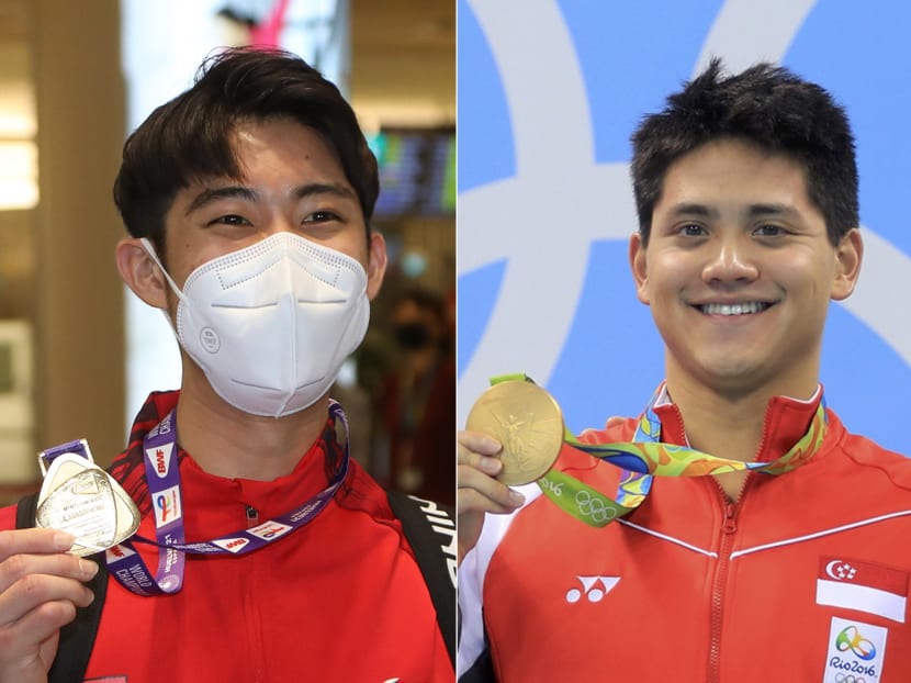 National shuttler Loh Kean Yew, seen here with the gold medal he won at the Badminton World Championship in December last year, and Joseph Schooling with his gold medal at the Rio Olympics in 2016. National shuttler Loh Kean Yew, seen here with the gold medal he won at the Badminton World Championship in December last year, and Joseph Schooling with his gold medal at the Rio Olympics in 2016.