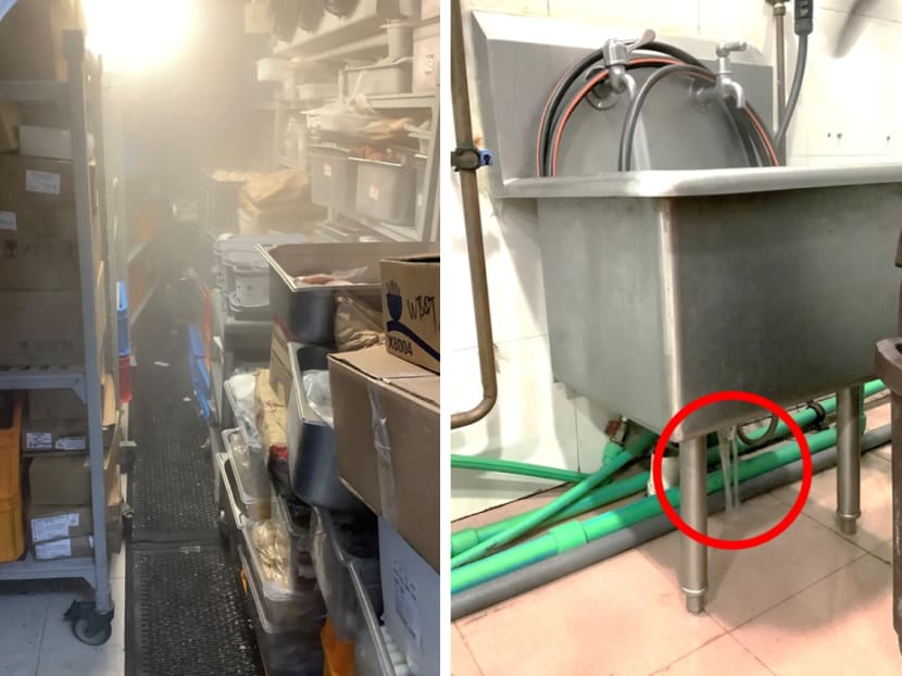 Images from the Ministry of Manpower's inspections at workplaces showing a passageway obstructed by various items (left), and a water pipe leakage causing an accumulation of water puddles on the floor (right), which could lead to slips, trips and falls. Images from the Ministry of Manpower's inspections at workplaces showing a passageway obstructed by various items (left), and a water pipe leakage causing an accumulation of water puddles on the floor (right), which could lead to slips, trips and falls.
