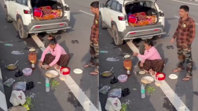 把高速公路当厨房 印度女子路旁揉面团挨轰