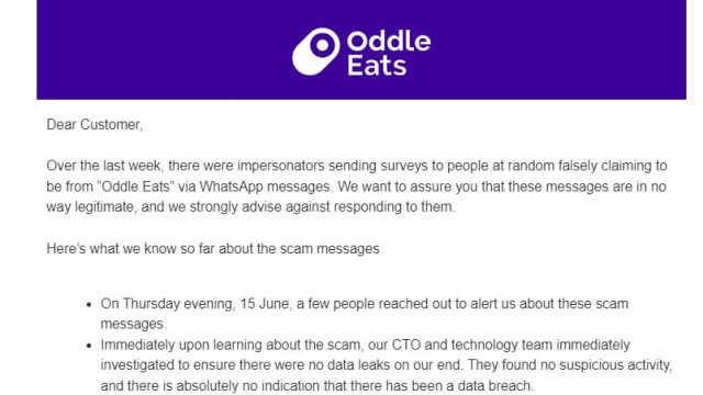 骗子冒充身份邀参与问卷调查 Oddle Eats吁公众勿上当