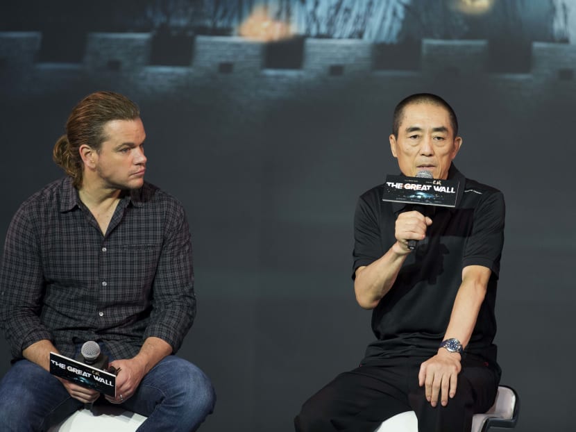Movie director Zhang Yimou with Matt Damon at a news conference on July 2, 2015. Photo: AP