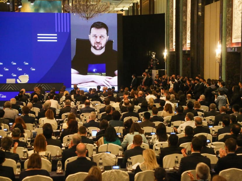 Ukrainian President Volodymyr Zelenskyy speaking virtually at the 19th Shangri-La Dialogue in Singapore on June 11, 2022.