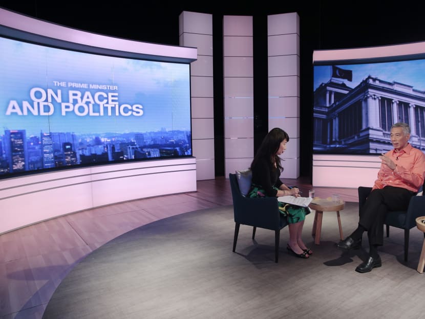 Prime Minister Lee Hsien Loong (right), during his interview about race and politics. Photo: Jason Quah