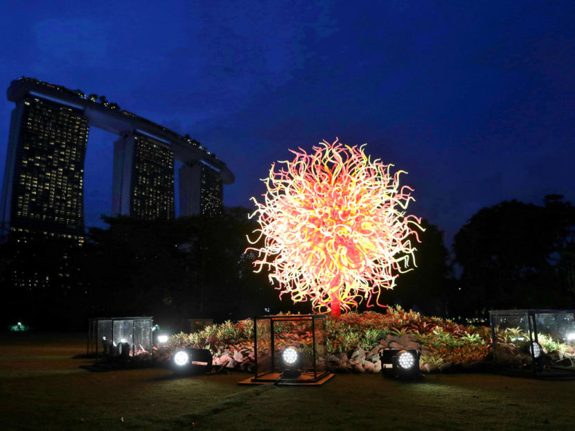 'Setting Sun', one of the artworks by American artist Dale Chihuly, which is part of a new exhibition ‘Dale Chihuly: Glass in Bloom’, at Gardens by the Bay, on April 30, 2021. Artwork © Chihuly Studio 'Setting Sun', one of the artworks by American artist Dale Chihuly, which is part of a new exhibition ‘Dale Chihuly: Glass in Bloom’, at Gardens by the Bay, on April 30, 2021. Artwork © Chihuly Studio