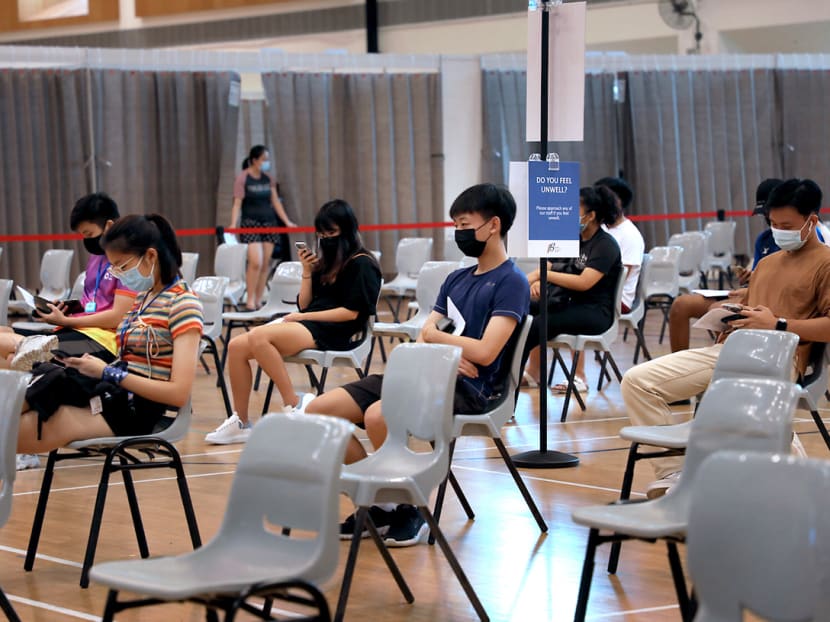 Students being monitored after getting their injections at a vaccination centre in ITE College Central on June 7, 2021. Students being monitored after getting their injections at a vaccination centre in ITE College Central on June 7, 2021.