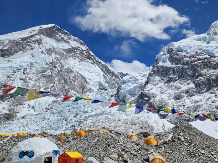 Tents of mountaineers are pictured at the Everest base camp in the Mount Everest region of Solukhumbu district, on April 12, 2023.