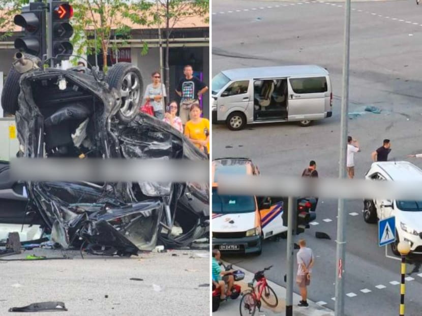 Pictures posted on a Telegram chat group showing a badly crushed, overturned black car along with other vehicles that sustained damage after a crash. Pictures posted on a Telegram chat group showing a badly crushed, overturned black car along with other vehicles that sustained damage after a crash.