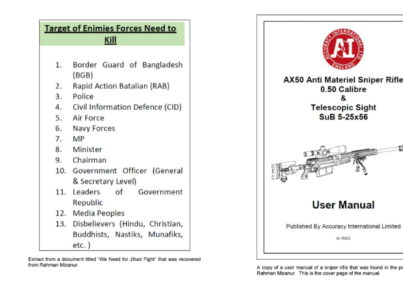 Among the items seized by the ISD included a list of targets made by the Bangladeshi nationals, as well as a weapons manual. Photo: MHA Among the items seized by the ISD included a list of targets made by the Bangladeshi nationals, as well as a weapons manual. Photo: MHA