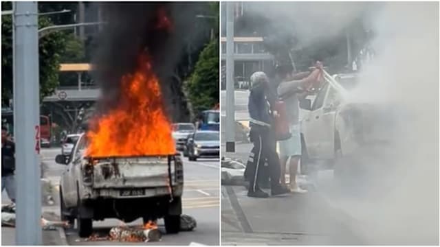 皮卡车路上突然起火 四男子合力救火获网赞 