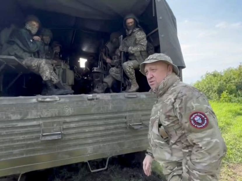 FILE PHOTO: Founder of Wagner private mercenary group Yevgeny Prigozhin speaks with servicemen during withdrawal of his forces from Bakhmut and handing over their positions to regular Russian troops, in the course of Russia-Ukraine conflict in an unidentified location, Russian-controlled Ukraine, in this still image taken from video released June 1, 2023. Press service of "Concord"/Handout via REUTERS/File Photo