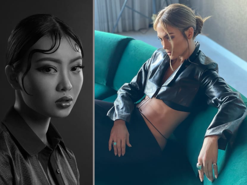 Pop superstar and actress Jennifer Lopez (right), or J Lo, is seen modelling the signature bralette, skirt and cropped leather blazer designed by&nbsp;Grace Ling (left).