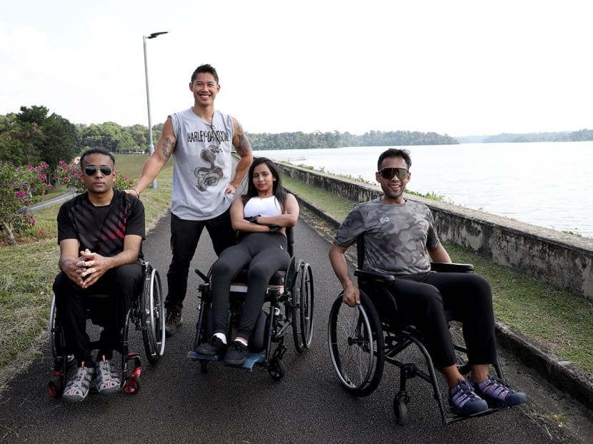 Some of the participants of Beyond Expedition’s 72km Coast-to-Coast wheelchair trek: (From left) Mr Mansor Ali, Mr Scott Tay, Ms Fathima Zohra and Mr Amal Luqman. Some of the participants of Beyond Expedition’s 72km Coast-to-Coast wheelchair trek: (From left) Mr Mansor Ali, Mr Scott Tay, Ms Fathima Zohra and Mr Amal Luqman.