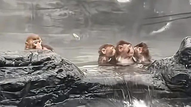 中国野生猕猴悠闲泡温泉 姿态悠闲惬意