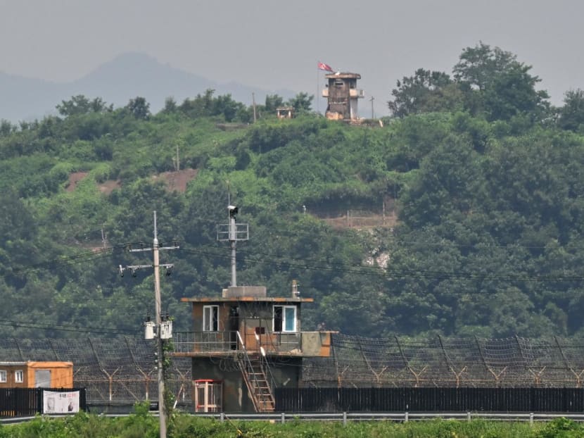 A North Korean guard post (top) and a South Korean guard post (bottom) face each other as seen from the border city of Paju on July 27, 2023.
