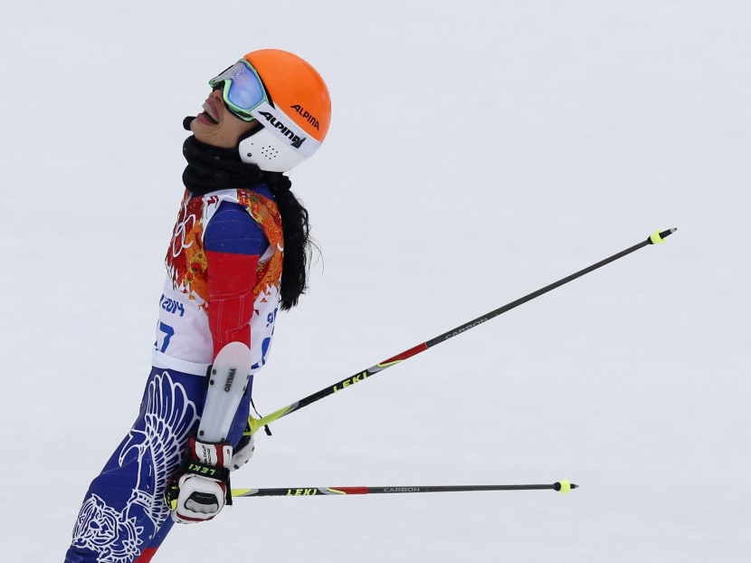 Violinist Vanessa-Mae after finishing the second run of the women's giant slalom at the Sochi 2014 Winter Olympics  on Feb 18, 2014. Photo: AP