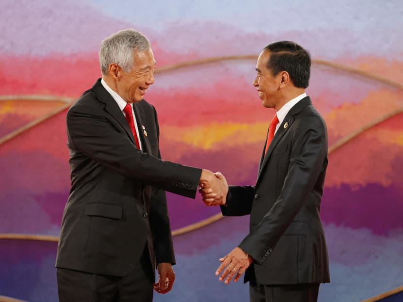 Indonesian President Joko Widodo (right) greets Singapore's Prime Minister Lee Hsien Loong at the Asean Summit held in Labuan Bajo, Indonesia, on May 10, 2023. Indonesian President Joko Widodo (right) greets Singapore's Prime Minister Lee Hsien Loong at the Asean Summit held in Labuan Bajo, Indonesia, on May 10, 2023.