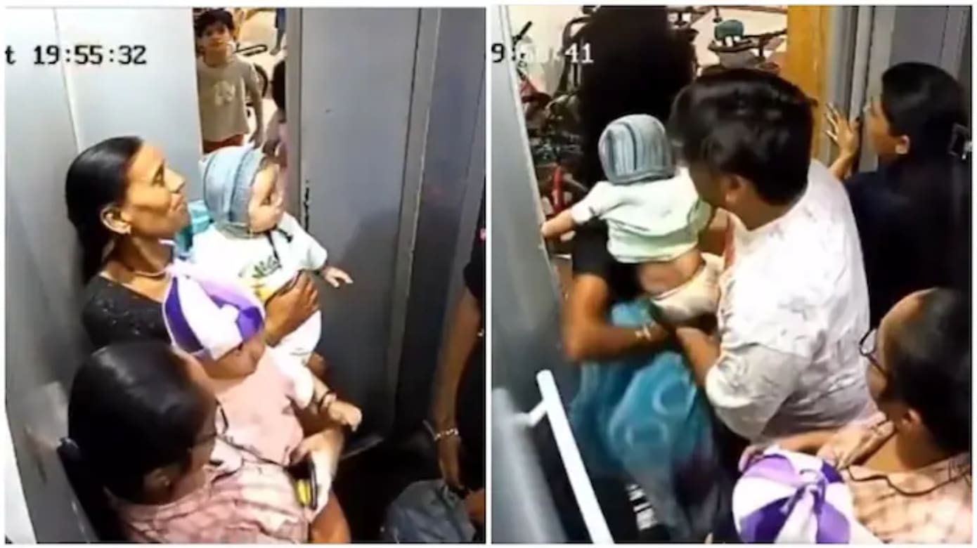 印度女婴手卡电梯门缝 众人紧急掰门救出