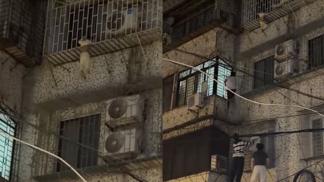 中国男童防盗窗悬挂四楼 三青年徒手攀爬救援