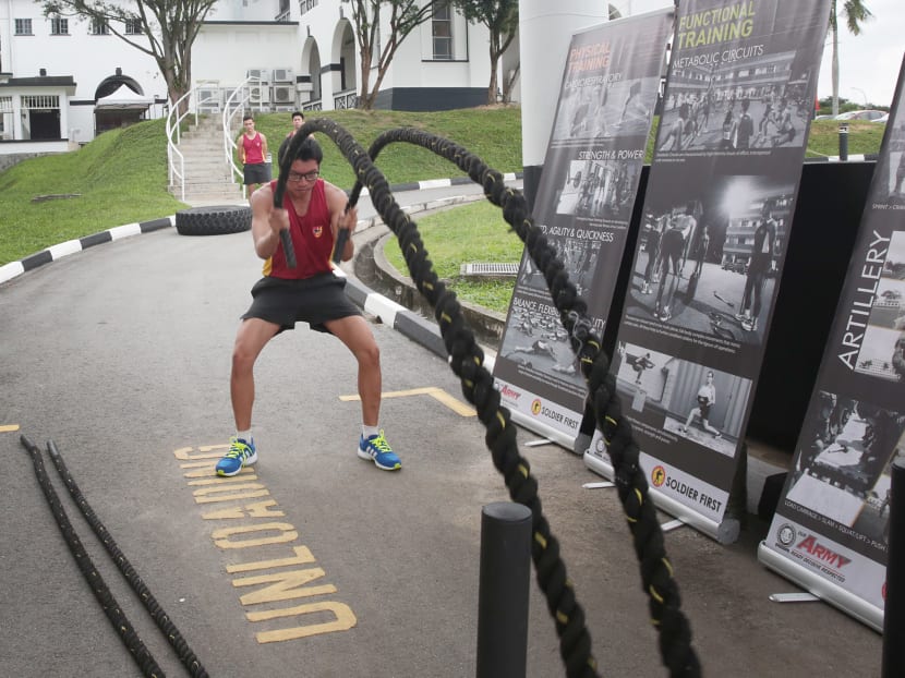 A soldier demonstrates a rope battling exercise during a media session at the Centre of Excellence for Soldier Performance on Nov 28, 2017. Photo: Jason Quah/TODAY