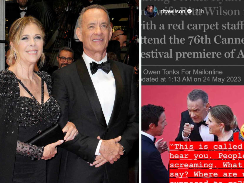 Rita Wilson reacts to photos of her and husband Tom Hanks 'scolding' man on Cannes red carpet