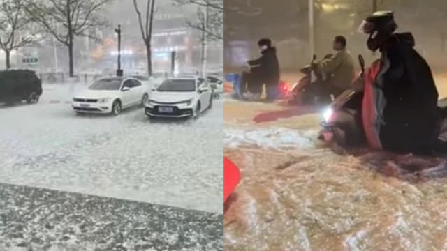 极端天气突袭贵州 路面“冰流成河”车辆涉水缓行