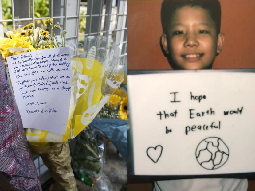 Flowers left outside River Valley High School in 2021 after the death of 13-year-old Ethan Hun Zhe Kai (pictured). 