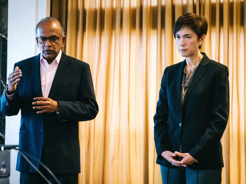 Law Minister K Shanmugam and Manpower Minister Josephine Teo at a video conference with the press on Feb 25, 2021.
