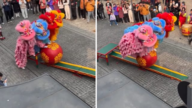 四狮同踩绣球过跷跷板 舞狮表演惊艳众人