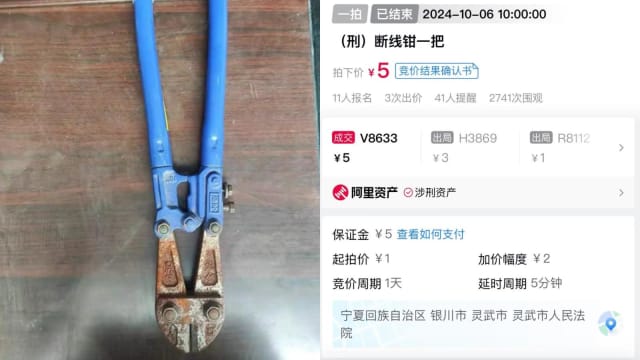 中国法院拍卖生锈涉刑案钳子 