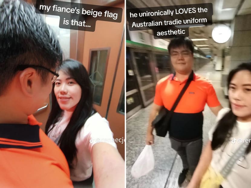 Photos from a TikTok post by Ms Renae Cheng showing her fiancé's obsession with Australia's high-visibility uniform. 