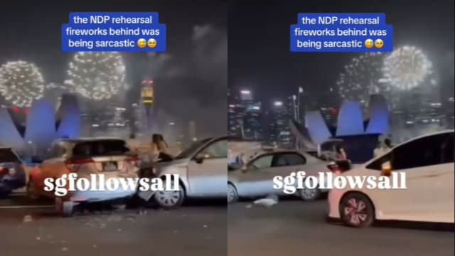 滨海湾三车连环撞 与绚烂烟火形成强烈对比