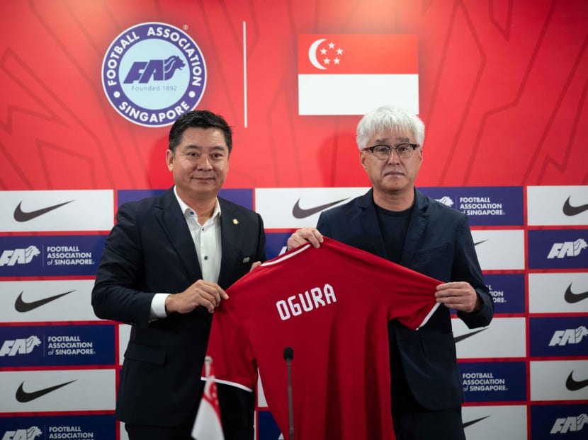 President of Football Association of Singapore Bernard Tan (left) and newly appointed Director of National Teams for the Lions Tsutomu Ogura at a press conference on Feb 1, 2024.