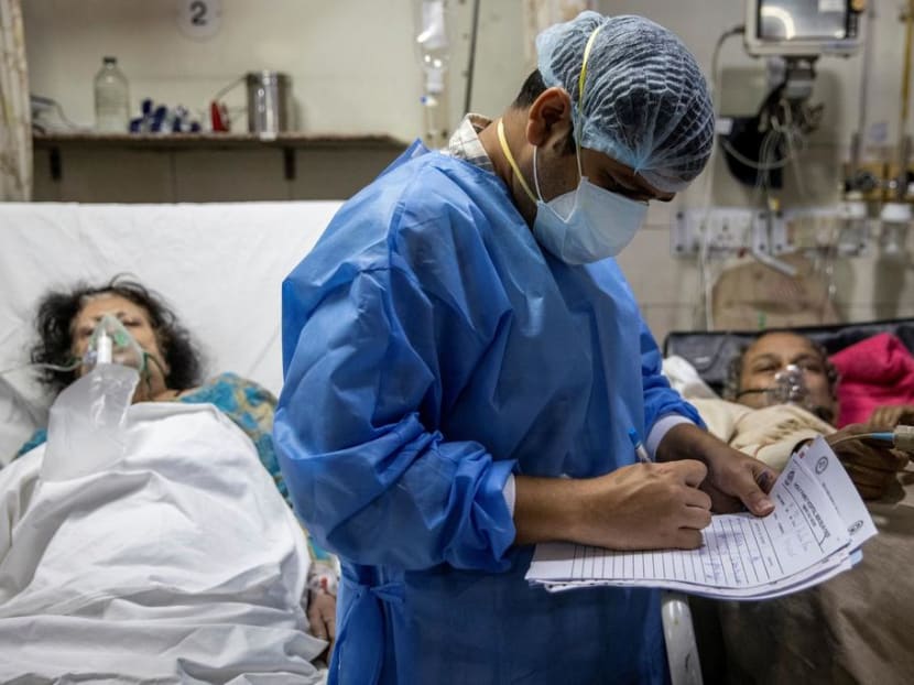 Covid-19 patients being treated at a hospital in New Delhi, India in May, 2021.