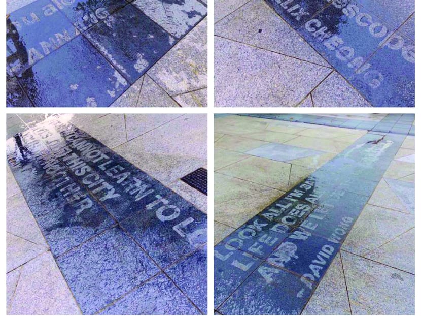 Organisers of SingPoOnTheSidewalks hope to bring joy to people even in the rain with 'invisible' poems that emerge only when the sidewalk is wet. Photo: Sing Lit Station/Facebook