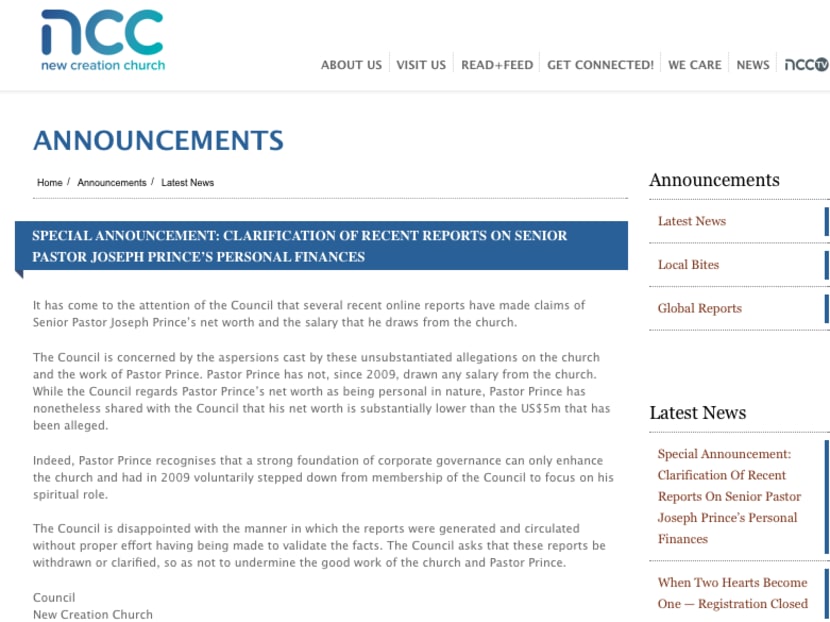 Screengrab of an online clarification made on the New Creation Church regarding Senior Pastor Joseph Prince’s net worth.