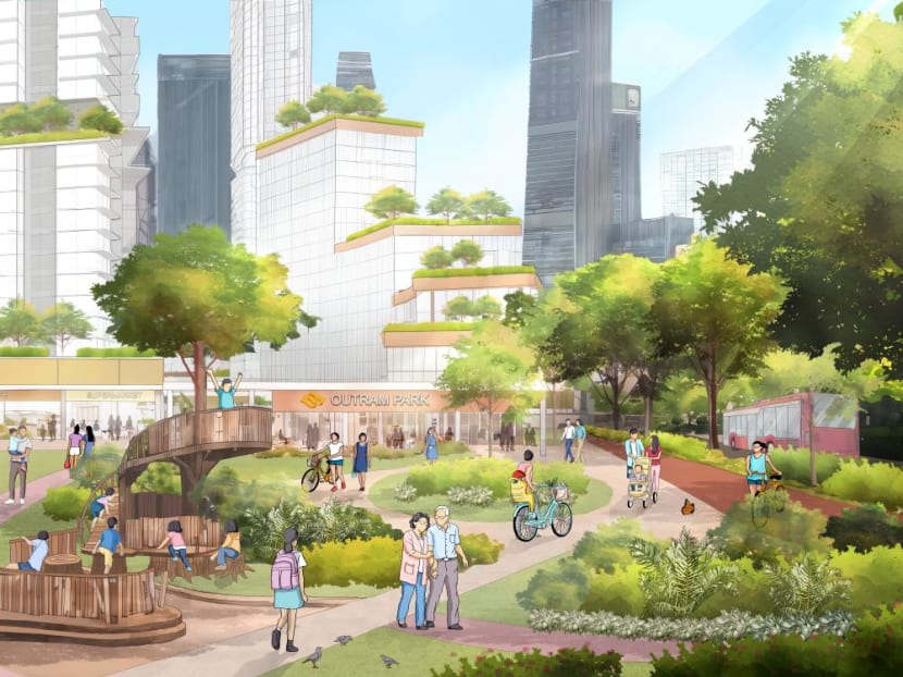 An artist’s impression of the landscape and public spaces next to Outram Park MRT Station near Pearl's Hill in the future.