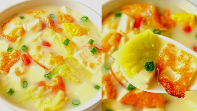 食谱：包菜煎蛋豆腐汤
