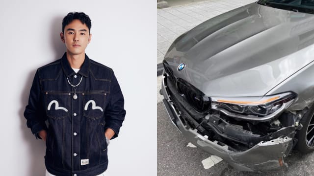 阮经天开BMW出车祸　车头保险杆被撞到掉落