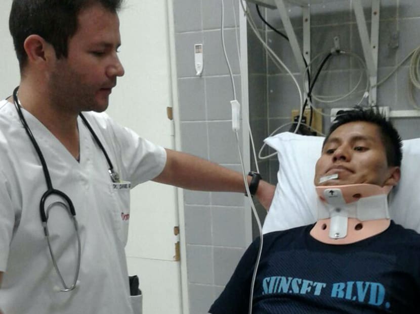 Mr Erwin Tumiri recovers in a clinic in Cochabamba, Bolivia on Dec 3, 2016 after being one of the six survivors of the airplane that crashed in Colombia. He also survived a bus that plunged some 150m off a cliff near Cochabamba on March 2, 2021, killing 21 people and injuring 30. Mr Erwin Tumiri recovers in a clinic in Cochabamba, Bolivia on Dec 3, 2016 after being one of the six survivors of the airplane that crashed in Colombia. He also survived a bus that plunged some 150m off a cliff near Cochabamba on March 2, 2021, killing 21 people and injuring 30.