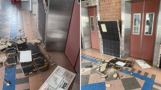 兀兰组屋电梯口外墙突然剥落 巨响吓坏居民