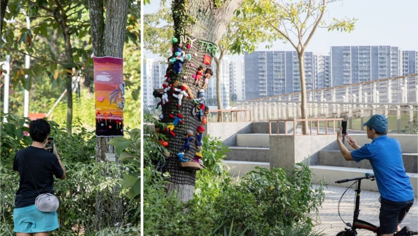 Tree-huggers of a knitted sort: National Day ‘yarn bombing’ at Jurong Lake Gardens attracts curious onlookers