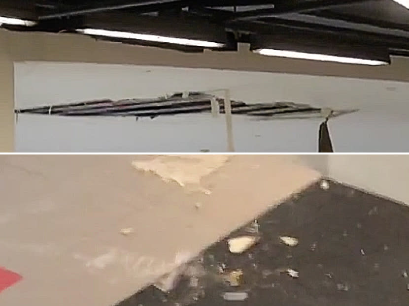 Screenshots from a video showing a hole in the ceiling and the debris that fell onto the floor of basement 1 in Nex shopping mall.